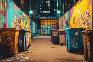 Obraz premium Alleyway adorned with colorful graffiti, lined with various trash bins, illuminated by urban night lights, showcasing city life