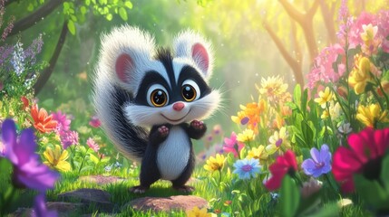 Fototapeta premium Adorable Skunk in a Vibrant Flower Garden