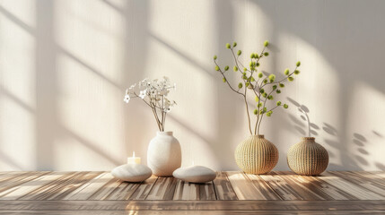 serene interior scene featuring decorative vases, plants, and candles, creating calming atmosphere