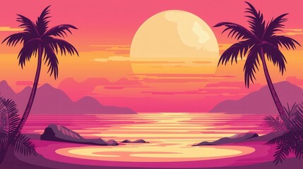 Tropical Sunset Beach Scene Palm Trees Ocean and Vibrant Sky