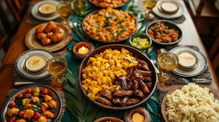 Fototapeta premium A lavishly decorated table with various dishes and drinks arranged for a festive celebration.