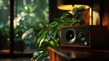 Vintage radio, lush indoor jungle, sunlit room, peaceful scene