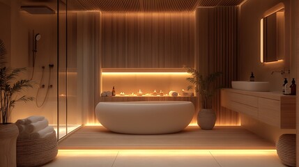 3D Rendering of a Modern Bathroom Interior with Bathtub..