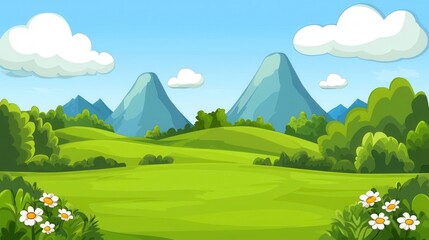 Serene Rolling Hills Landscape with Lush Greenery and Blue Mountains under a Sunny Sky