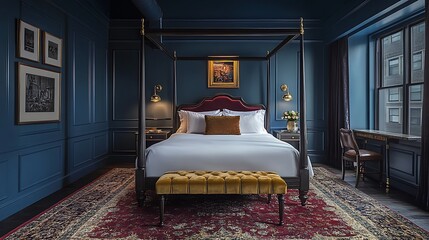 Luxury Bedroom in Classic Style with Blue Walls and Wooden Floor..