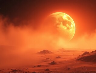 Mysterious red landscape under a giant orange moon casting eerie shadows at dusk in an otherworldly setting