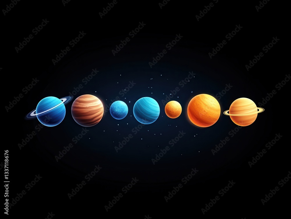 Poster colorful representation of the solar system with planets in alignment against a dark backdrop