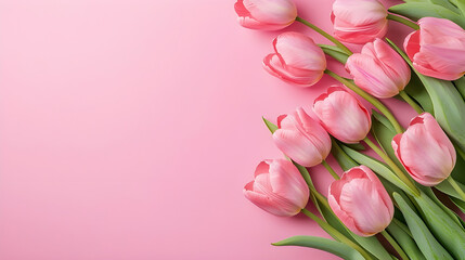 Obraz premium Pink Tulip Flowers on Soft Pastel Background with Copy Space – Elegant Spring Floral Border for Greeting Cards, Invitations, Mother's Day, or Wedding Designs