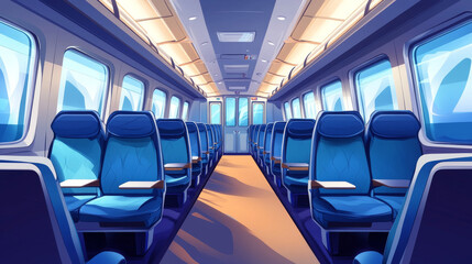 Empty bus, train or airplane interior with chairs and folding back seat tables. Vector cartoon cabin of passenger carriage transport with comfortable seats and foldable tray desk