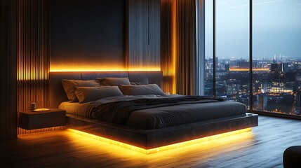 Modern Bedroom Interior with City View and Glowing Lamp 3D Rendering..