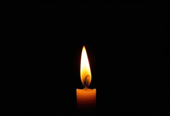 Isolated flickering candle flame, vibrant orange and yellow hues against pure black background, orange, photography