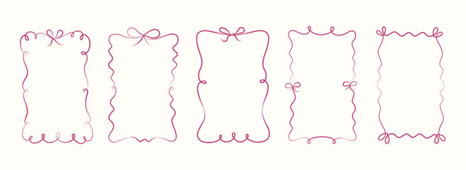 Set of vintage ribbon bows different frames in doodle style.Pretty border with ribbon shapes with space for text. Vector illustration for cute cards, invitation, social media, poster