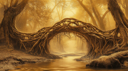 A serene enchanted forest, massive intertwining roots forming natural bridges, soft morning fog rolling through