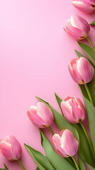 Obraz premium Pink Tulip Flowers on Soft Pastel Background with Copy Space – Elegant Spring Floral Border for Greeting Cards, Invitations, Mother's Day, or Wedding Designs