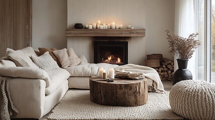 Cozy Living Room with Fireplace and Comfortable Sofa in Scandinavian Style..