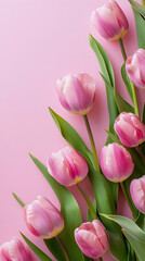 Fototapeta premium Pink Tulip Flowers on Soft Pastel Background with Copy Space – Elegant Spring Floral Border for Greeting Cards, Invitations, Mother's Day, or Wedding Designs