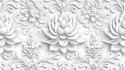 Fototapeta premium White floral 3D relief pattern repeating on a white background, for textile or wallpaper design