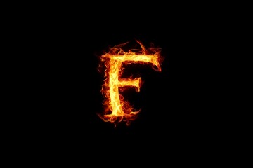 Letter F designed with flame isolated on black background