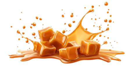 Delicious caramel candies splashing on transparent background. PNG format.
