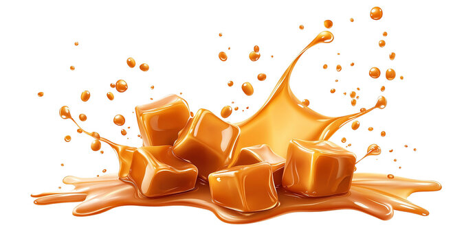 Delicious caramel candies splashing on transparent background. PNG format.
