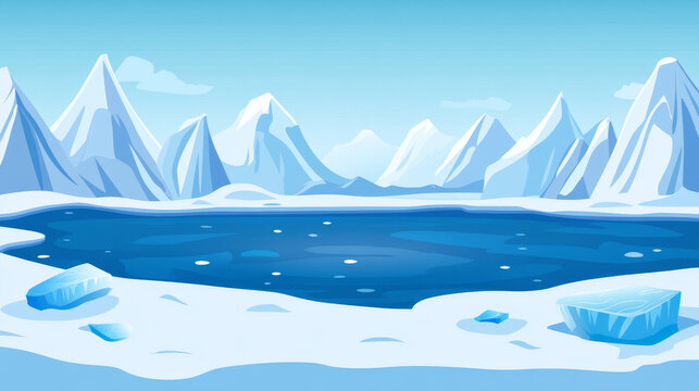 Winter ice north landscape vector background cartoon. Frozen land with snowy mountain northern outdoor banner. Cold antarctica nature design scene with glacier and freeze ocean water environment