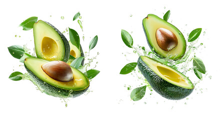 Fresh avocado halves splashing with leaves on transparent background.