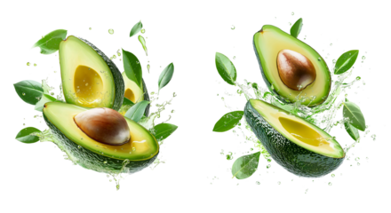 Fresh avocado halves splashing with leaves on transparent background.