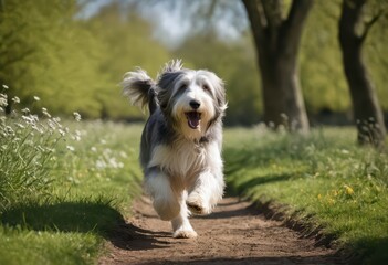 Fototapeta premium Bobtail Old English Sheepdog running outdoor in the countryside, cute doggy pet playing outdoors in the nature