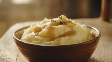 A bowl of creamy mashed potatoes served with gravy, styled with a classic comfort food look