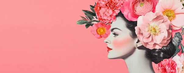 Fototapeta premium National pink day with feminine and art idea. Woman adorned with flowers against a pink background.