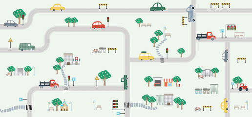Seamless City Map Pattern with Roads, Cars, Buildings, Trees and Traffic Lights - Vector Background for Kids, Urban Navigation, Transportation, and Playmat Design © csinie1