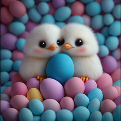 Fluffy baby chicks sitting among colorful Easter eggs. Happy Easter art soft and playful 