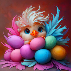 Easter spring artwork. Cute baby chick with colorful eggs. Festive holiday art with fluffy bird and feathers