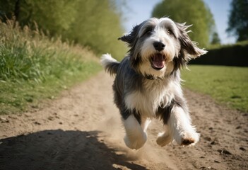 bearded collie running happy on countryside, collie playing in the meadown, adorable pet outside