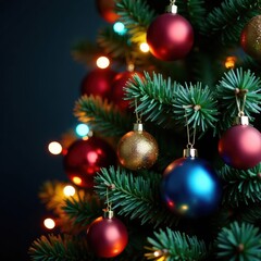 Full lush Christmas tree, colorful baubles, fairy lights, elegant, winter wonderland, christmas tree