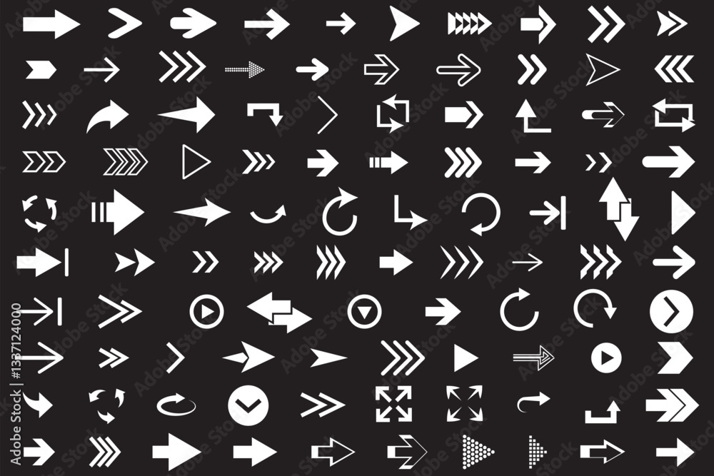 Poster arrows set of 100 black icons. arrow icon. arrow vector collection. arrow. cursor. modern simple arr