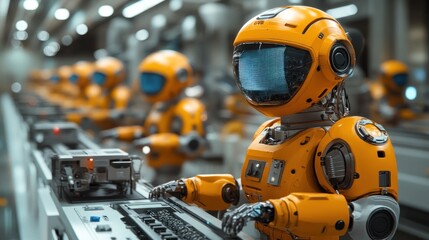 Fototapeta premium Futuristic Factory: Orange Robots on Assembly Line