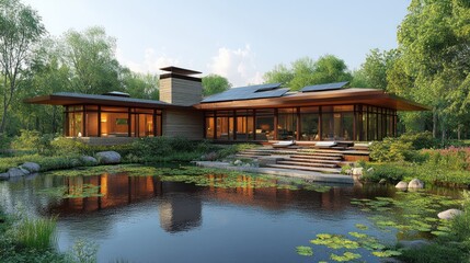 Fototapeta premium Modern Eco-Friendly House by the Lake: A Serene Architectural Masterpiece