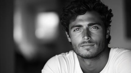 Fototapeta premium Monochromatic Portrait of a Handsome Man with Curly Hair