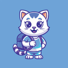 Whimsical Cat and Backpack Vector Mascot Character Ready to Roll