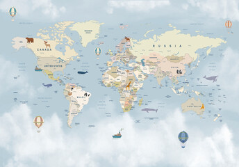 Decorative World Map with Countries, Capitals, and Nature Elements – Travel and Geography Illustration © csinie1