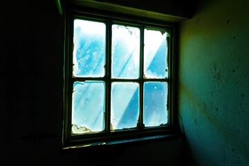 Naklejka premium Light filters through a broken window in an abandoned building during daylight hours