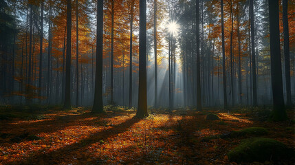 Obraz premium Serene autumn forest with golden leaves, sunlight filtering through trees, creating a tranquil atmosphere