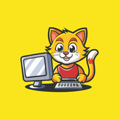 Adorable Cat and Computer Mascot Vector Character Riding a Shopping Cart