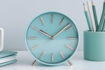 Digital clock positioned centrally in co-working space, flanked by organized remote work tools, reflecting effective time utilization.