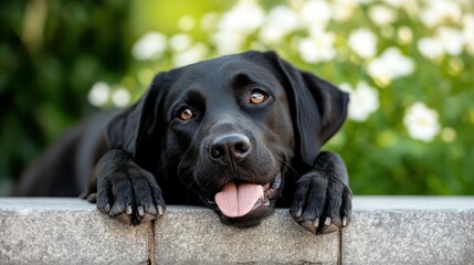 A black Labrador leans forward with an engaging smile, surrounded by lush greenery, showcasing the bond between dogs and their environment with warmth and joy depicted.