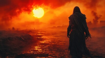 Fototapeta premium Apocalyptic Sunset: A lone figure stands silhouetted against a fiery, post-apocalyptic landscape, a massive sun setting in the distance, casting an ominous glow.