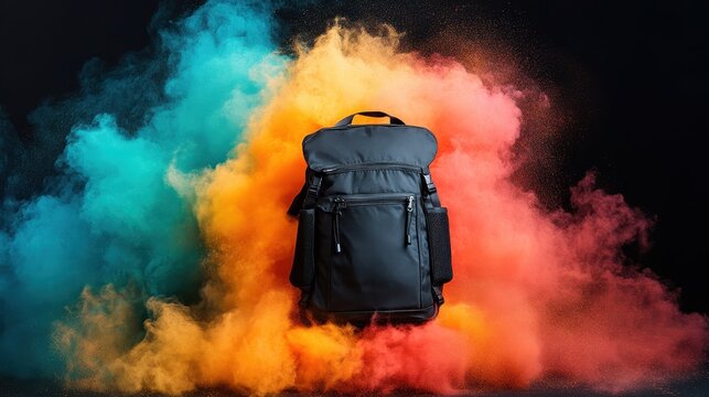 This visually striking image features a black backpack set against a colorful explosion of smoke, evoking feelings of creativity and adventure in a modern lifestyle.