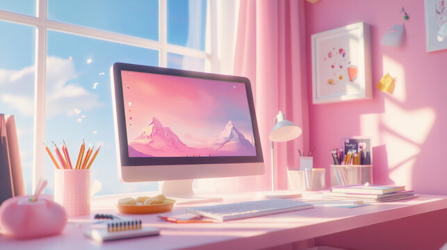 Workspace near window in girly room with pink walls. Vector cartoon illustration of teenagers workplace with desktop computer, drawing in scatch book, color pencils, snack on table. Home space for art