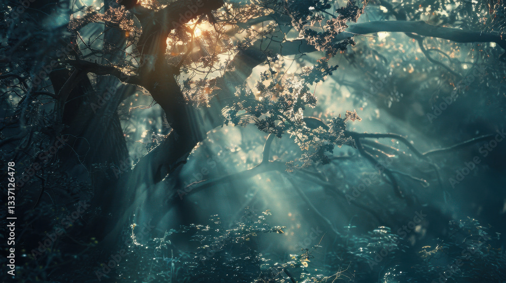 Poster serene forest scene with sunlight filtering through trees, creating mystical atmosphere